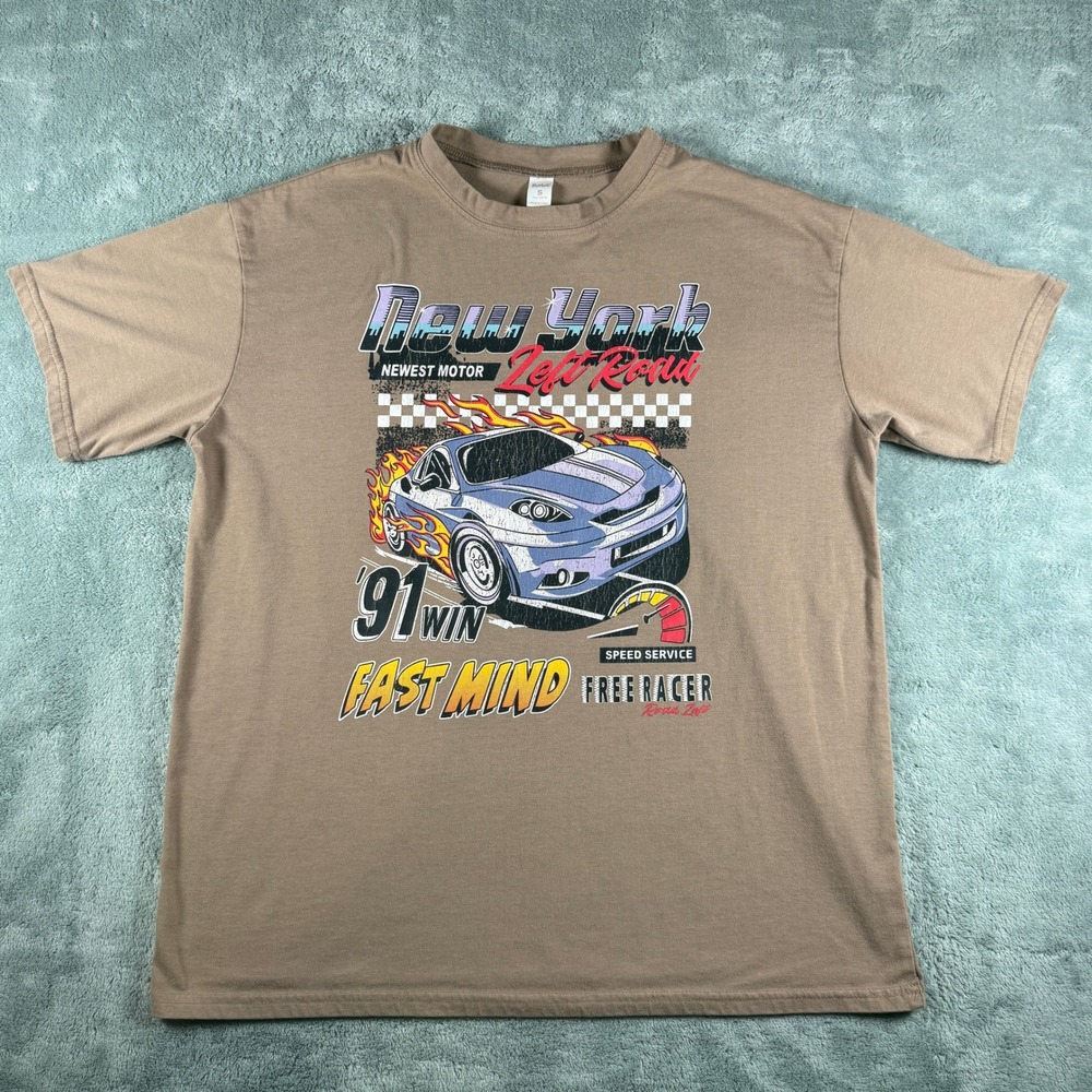 Romwe Mens Graphic‎ Tee Tan Brown New York Racing Car Short Sleeve Shirt Small